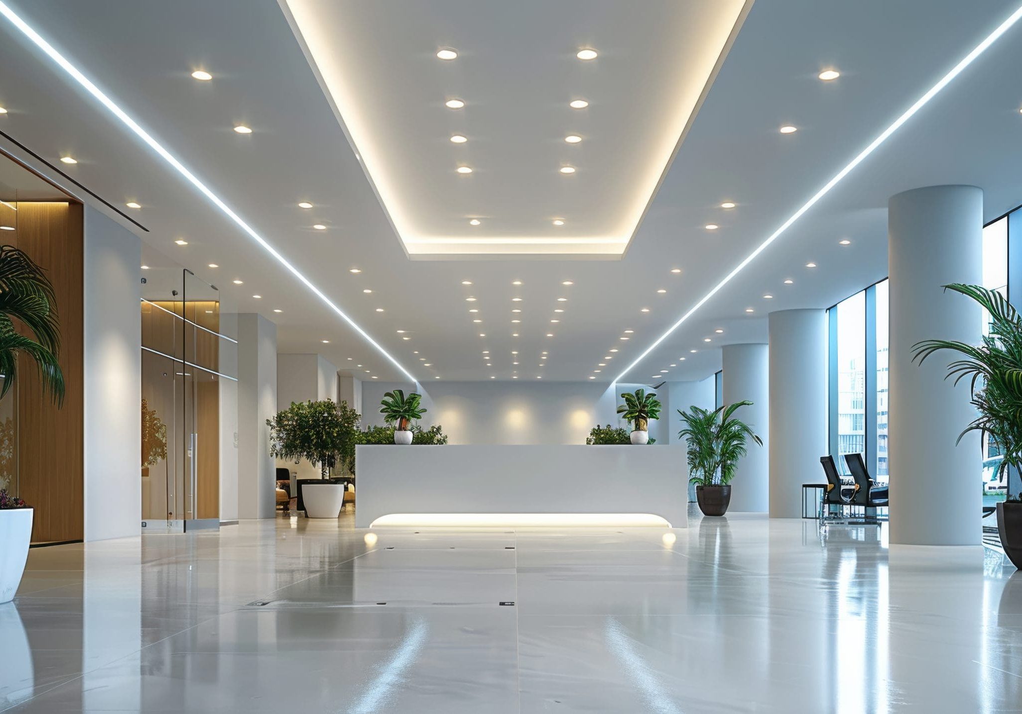 White square LED down lights are installed in an office interior showcasing the modern design and lighting, featuring suspended white square tiles on high ceilings. Generative AI.